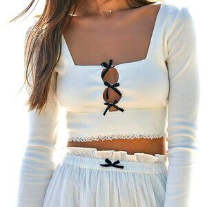Free People Dancing Queen Crop Top White with Black Bows Ivory Combo